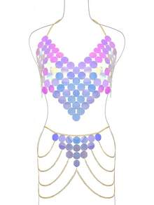Womens Sexy Body Chains Suit Two Piece Sequins Bikini Beach Club Body Jewelry2025 - 039-金色套裝 - 查看 4