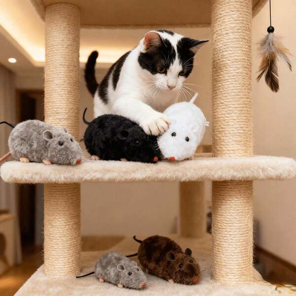 4 Packs Plush Wind-Up Mechanical Mice Toy Set, Clockwork Fake Mouse Prank Moving Animal Play Toys For Cats And Dogs, Suitable For All Breeds, No Battery Required