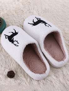 新款跨境女加厚圣诞系列拖鞋黑白驯鹿毛绒拖鞋小鹿家居拖鞋保暖情侣拖鞋 - 黑色 - 查看 4