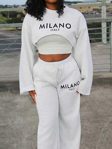 Steph T Set de 3 piezas de mujer con top corto de manga larga básico liso, camiseta y pantalones de pierna ancha, conjunto informal para otoño e invierno