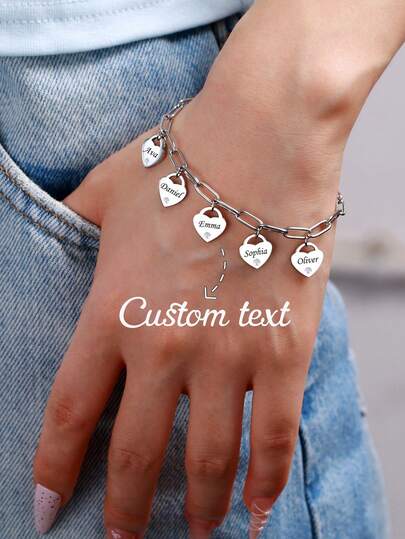 Fashion Charm Personalized Heart Shaped Name Bracelet Custom Engraved Name Bracelet Stainless Steel Engraving 1-5 Multiple Names Family Member Name Bracelet Square Wire Chain Pendant Party Jewelry Birthday Anniversary Gift Christmas Gift For Her