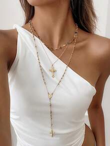 3/5pcs Set Layered Cross, Tassel, Beaded Necklace Jewelry Set, Unique Round Bead & Snake Chain Necklace Accessories, Suitable For Holidays Gift And Daily Matching