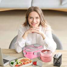 2-Layer Multi-Compartment Lunch Box Set: Lunch Box + Cup + Bag. Includes Cutlery And Sauce Container. Microwave-Security, Suitable For School, Work, And Outdoor Use. - Hồng - Xem 7