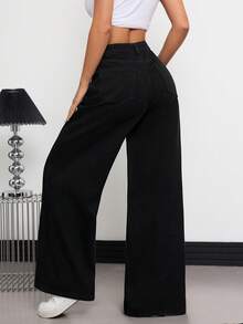 1 قطعة سراويل جينز نسائية فضفاضة واسعة الساق، بأسلوب الشارع الأمريكي الكاجوال المريح، متعددة الاستخدامات لجميع المواسم (الحزام/الاكسسوارات غير مشمولة) - الأسود - مشاهدة 2