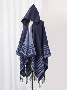 1 件条纹提花流苏连帽披肩，日常穿着 - 彩色 - 查看 8