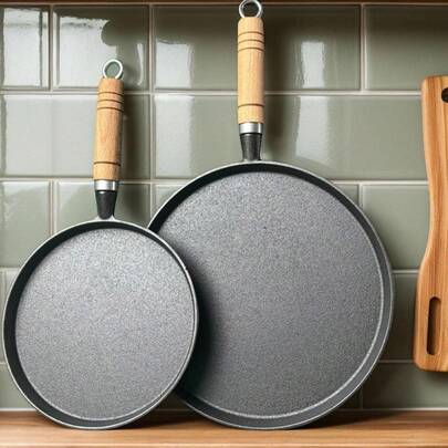 Frying Pan With Wooden Handle, 1 Count Non-Stick Egg Frying Pan, Cooking Pan For Pancake & Pizza, Kitchen Food Cookware For Home Dining Room