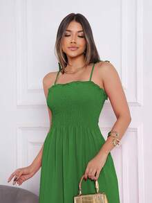 Elegant Long Dress With Adjustable Elasticated Straps And Side Slit. - Green - View 3