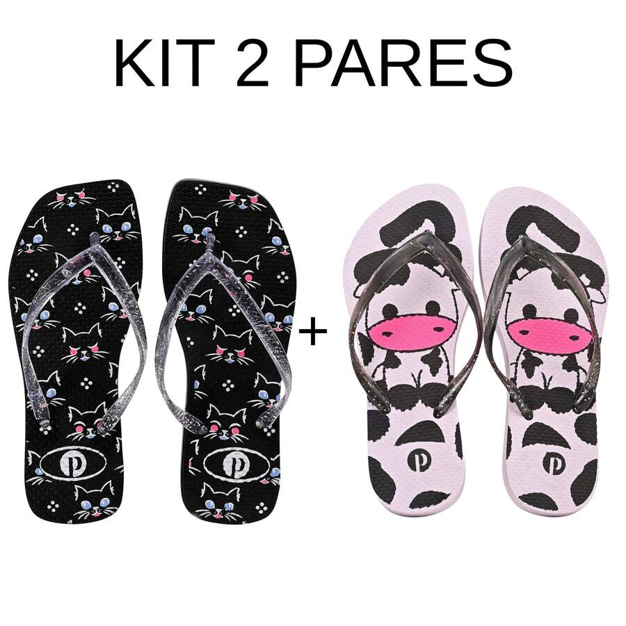 Comfortable Soft Women's Flip Flops - D2.15-whiteCow-blackCat - View 1