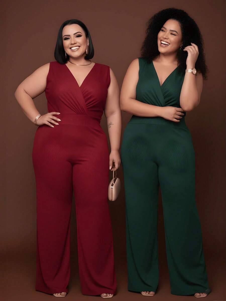 Kit 2 Jumpsuit Tank Top Plus Size Blogger Feminine Chic Ribbed And Elastane Summer Fashion Pantaloon Pants - 紅+綠 - 查看 1