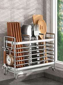 1个重型不锈钢筷架 - 壁挂式厨房收纳架，带餐具架，节省空间，可安装在台面或防溅板上，适用于家庭和商业厨房，防锈，时尚设计 - 彩色 - 查看 1