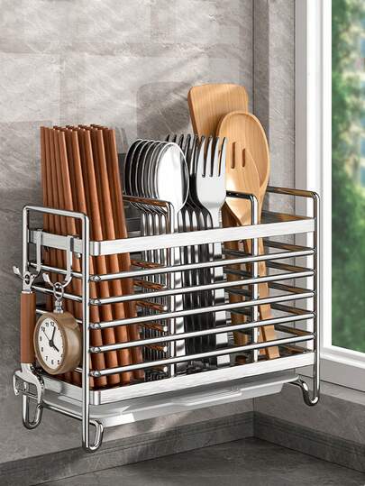 מחזיק מקלות אכילה מנירוסטה עמיד - קופסת אחסון למטבח המותקנת על הקיר ללא קידוח עם מארגן כלים, חוסך מקום על משטח עבודה או התקנה עם מגן התזות, מתאים למטבחים ביתיים ומסחריים, עיצוב מסוגנן, חומר עמיד בפני חלודה, חיוני לחללים קטנים, מחזיק כלי מטבח