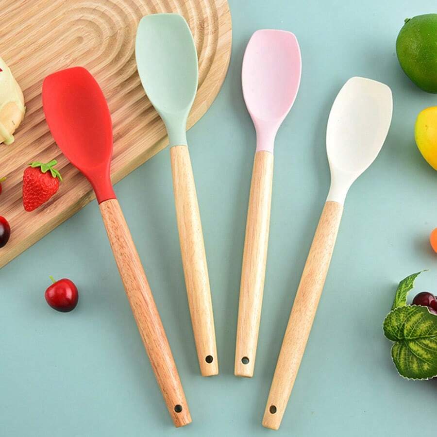 1个厨房硅胶铲，耐热硅胶烹饪铲，带木柄 - 彩色 - 查看 1