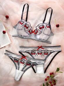 性感内衣套装，胸罩 + 丁字裤 + 内裤，钢骨半透明刺绣浪漫卧室套装 - 黑與白 - 查看 3