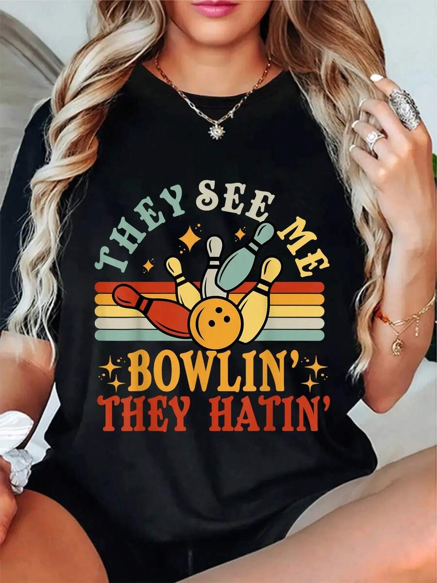 100% Cotton Bowling-Shirt See Me Bowling They Hatin Funny Team Women Men T-Shirt Women's Men's Summer Vacation Soft Tee Relaxed Fit Classic Comfort Tops - Black - View 1