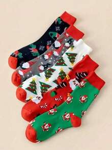 1 paire/5 paires/10 paires/15 paires/20 paires Chaussettes de costume de fête de Noël édition limitée aléatoire avec Père Noël, renne, flocon de neige, sapin de Noël. Chaussettes mode mignonnes et amusantes pour hommes, femmes, enfants. Chaussettes mi-mollet douces, confortables et chaudes pour l'école, la fête, la décoration de la maison - Multicolore - Voir 5