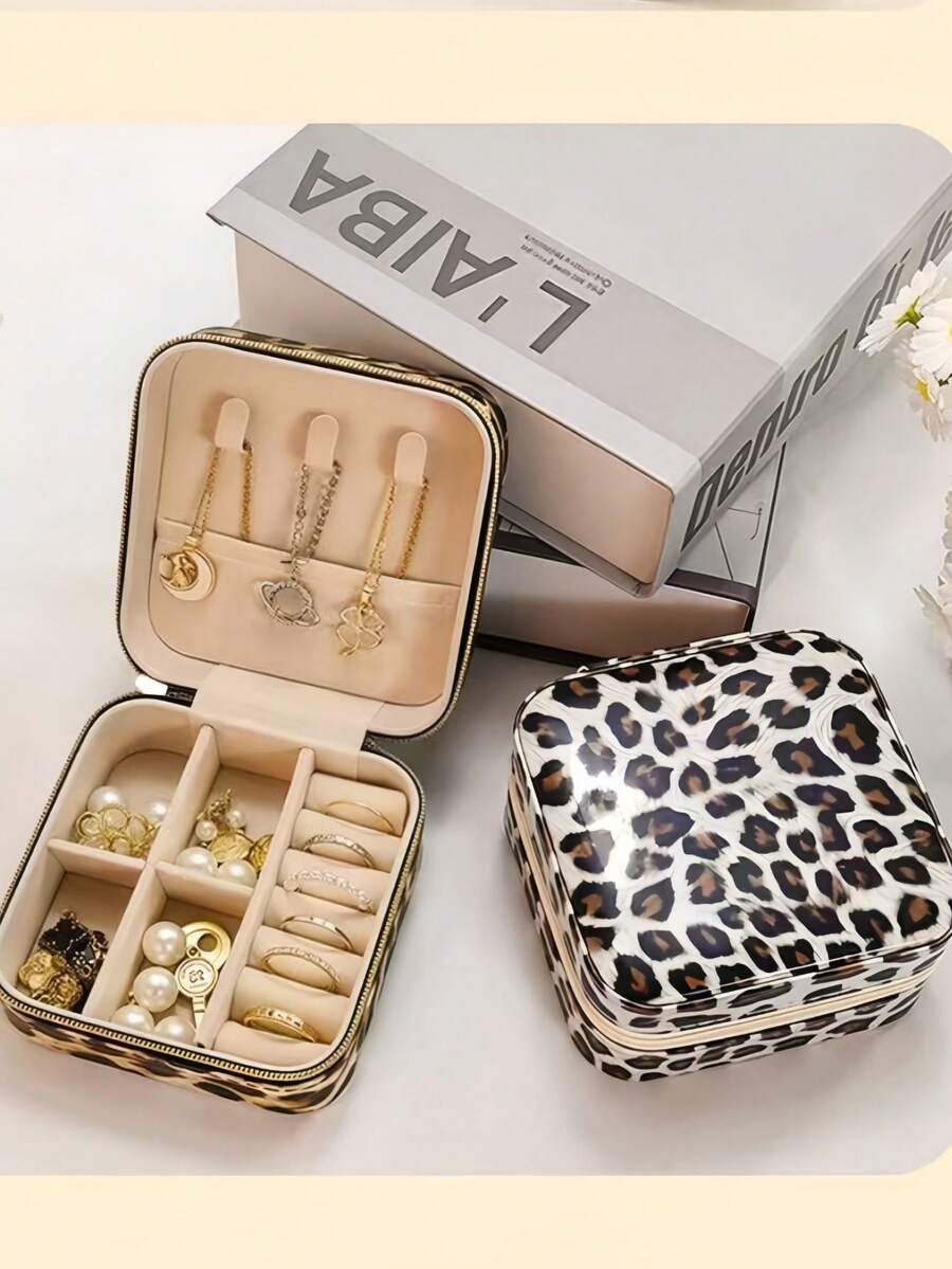 1 pezzo Scatola portagioie unica e alla moda con stampa leopardata, organizer portatile in pelle PU di alta qualità per orecchini, anelli, gioielli, con scomparti multipli