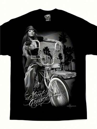 Camiseta de bicicleta Allseason Apparel Street Cruiser Lowrider - Camiseta gráfica  Chola con diseño de palmeras y coches vintage, camiseta retro de manga corta unisex, tela de estiramiento medio, ajuste regular para hombres y mujeres, ropa casual, camiseta con letras estilizadas