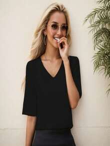 QUEENTI Women's Summer Tops Semi-Long Sleeve V-Neck Line T-Shirt - 黑色 - 查看 4