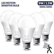 Kasotile 5 件装运动传感器 LED 灯泡，60/80 瓦当量，节能 9/12W，E26 E27 底座，日光白 6000K/暖光 3000k，不可调光 - 白色 - 查看 3