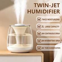 3000ML Humidificador de gran capacidad + Humidificador de escritorio USB + Pantalla digital con botón de control táctil + Humidificador de doble boquilla con alta salida de niebla + Luz nocturna de 7 colores cambiantes + Voltaje de trabajo ≤36V sin necesidad de batería