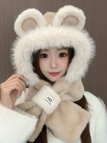 Süßer kleiner Bären Hut und Schal in einem, Damen Herbst und Winter neue vielseitige, dicke, warme und kälteresistente Reit-Plüschschal, Mädchen Cartoon Outdoor Festival regulärer gestrickter Hut, für Weihnachten