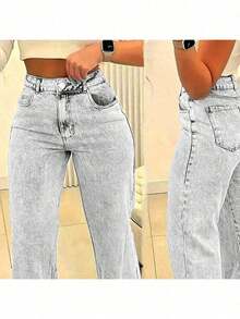 Women's Embroidered Bow Pocket Straight Loose Casual Versatile Jeans Spring - Grey - View 4