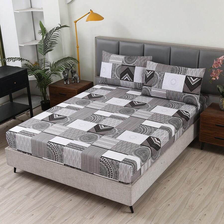 1件套磨毛格纹印花床笠 - 亲肤/舒适/几何/花卉/家居/酒店/卧室用品（1件床笠）