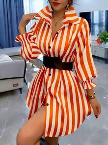 女士休闲通勤条纹中长衬衫，翻领喇叭袖，正面纽扣荷叶边细节，涤纶面料 - 橘色 - 查看 11