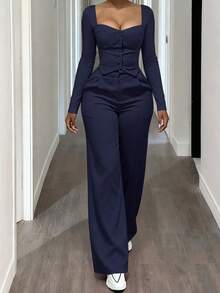 2pcs Women Solid Color Casual Elegant Front Button Pocket Daily Beach Outfit, Autumn/Winter - Navy Blue - View 2