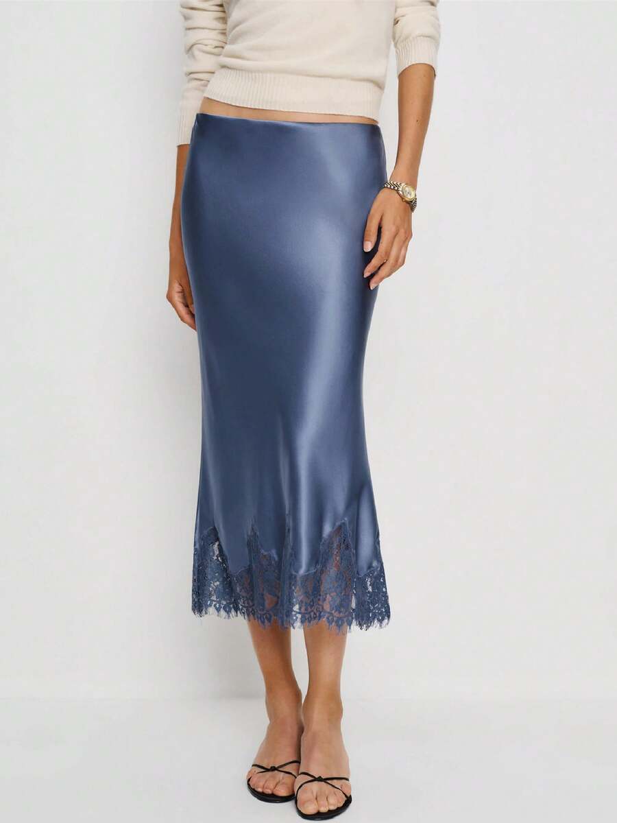 Women Silk Satin Half Slip Long Skirts Lace Patchwork Elastic Waist Long Skirt Elegant Silky Flowy A Line Midi Skirts - Màu xanh lam - Xem 1