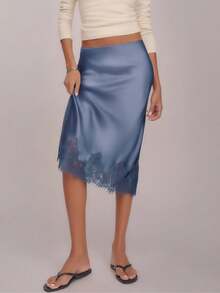 Women Silk Satin Half Slip Long Skirts Lace Patchwork Elastic Waist Long Skirt Elegant Silky Flowy A Line Midi Skirts - Màu xanh lam - Xem 5