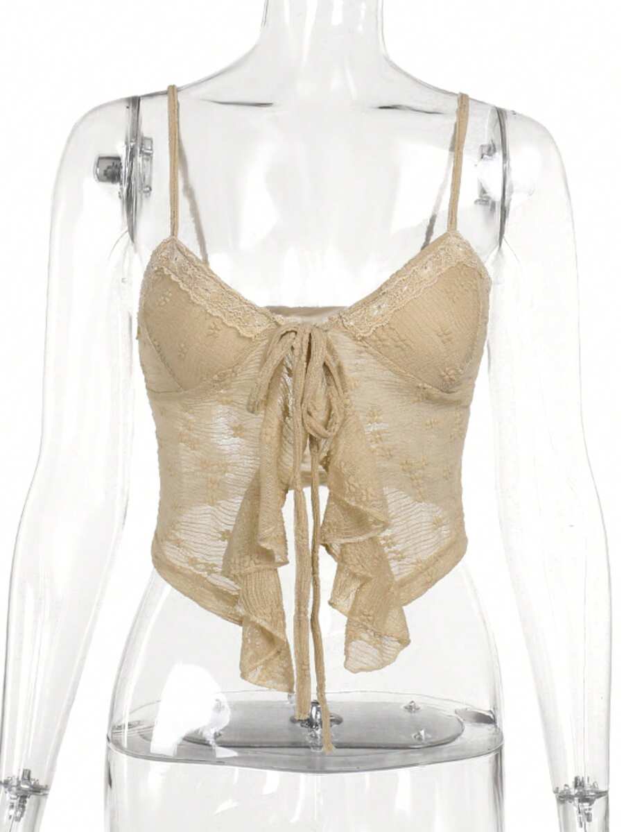 Women's Elegant Floral Lace Ruffle Camisole For Summer - Khaki - View 1