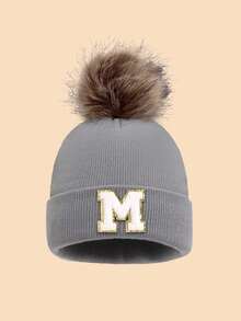 1pc Unisex 26 Letter Decor Faux Fur Pom Pom Knit Beanie Hat, Versatile Warm Windproof Casual Cap, Suitable For Autumn/Winter Outdoor Wear, Great Gift Men Women Clothing Winter
