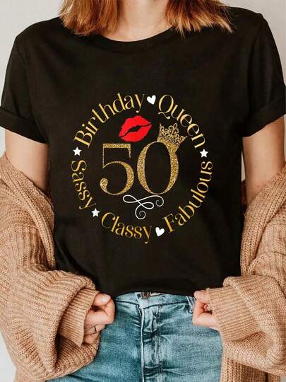 100% Cotton Sassy Classy Fabulous 50th Birthday Queen 50 And Fabulous T-Shirt Women's Men's Graphic Tee Crew Neck Summer Vacation Tops