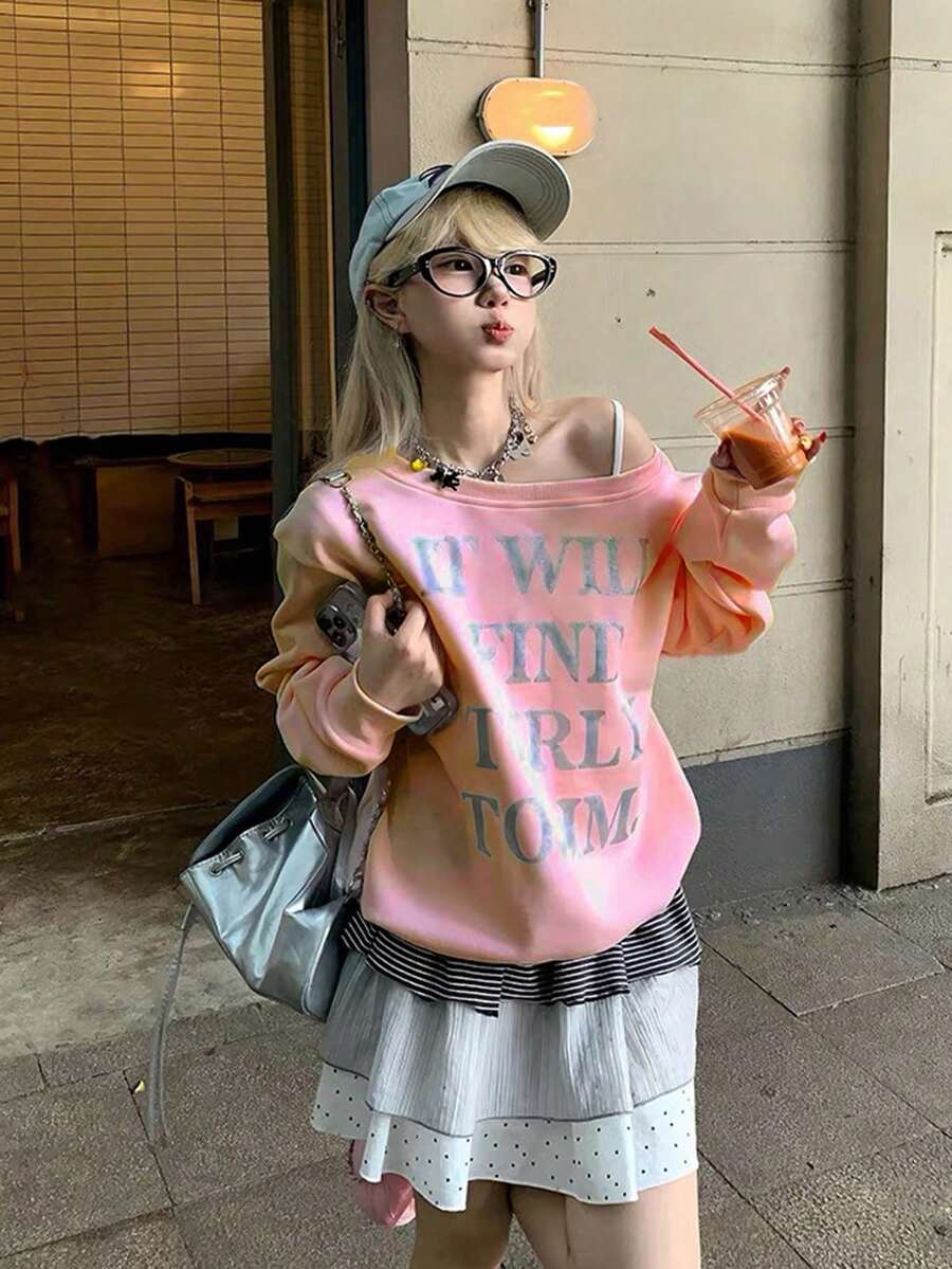 复古美式风格斜肩印花卫衣，宽松版型，秋冬休闲粉色 - 粉色 - 查看 1