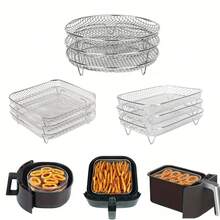 1pc/3pcs/Set Air Fryer Accessories, Multipurpose Air Fryer Accessories, Stackable Air Fryer Rack, Grill Mesh, Stainless Steel Baking Tray, Round/Square/Rectangular Stainless Steel Air Fryer Rack Set - Fit For Oven And Air Fryer, Dishwasher , Perfect For Healthy Holiday Baking - Reusable Stackable Rack, Easy To Clean, Kitchen Gadgets
