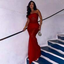 女式时尚优雅性感网眼拼布透视吊带裙，夏季 - 紅色 - 查看 6