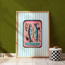 1pc Tinned Sardine Pink Wall Art Picture Fish Prints Canvas Paintings Sea Food Poster Aesthetic Decor For Bedroom, Living Room, Or Office Room Decoration Gift Fo Her, Unframed Or Framed - 彩色 - 查看 2