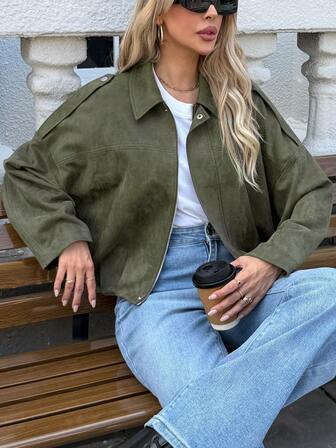 女式休闲纯色简约翻领拉链短款夹克