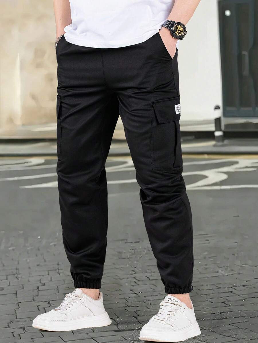 Herren Casual Outdoor Cargohose mit Kordelzug-Bündchen und mehreren Taschen, Schwarz, Frühling - Schwarz - Übersicht 1