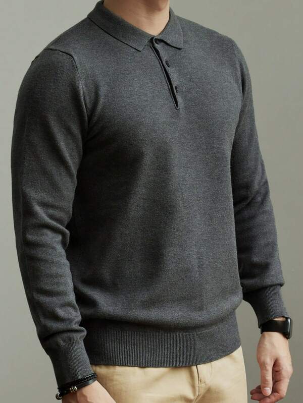 Suéter tipo polo de manga larga de punto de unicolor casual para hombre, otoño/invierno