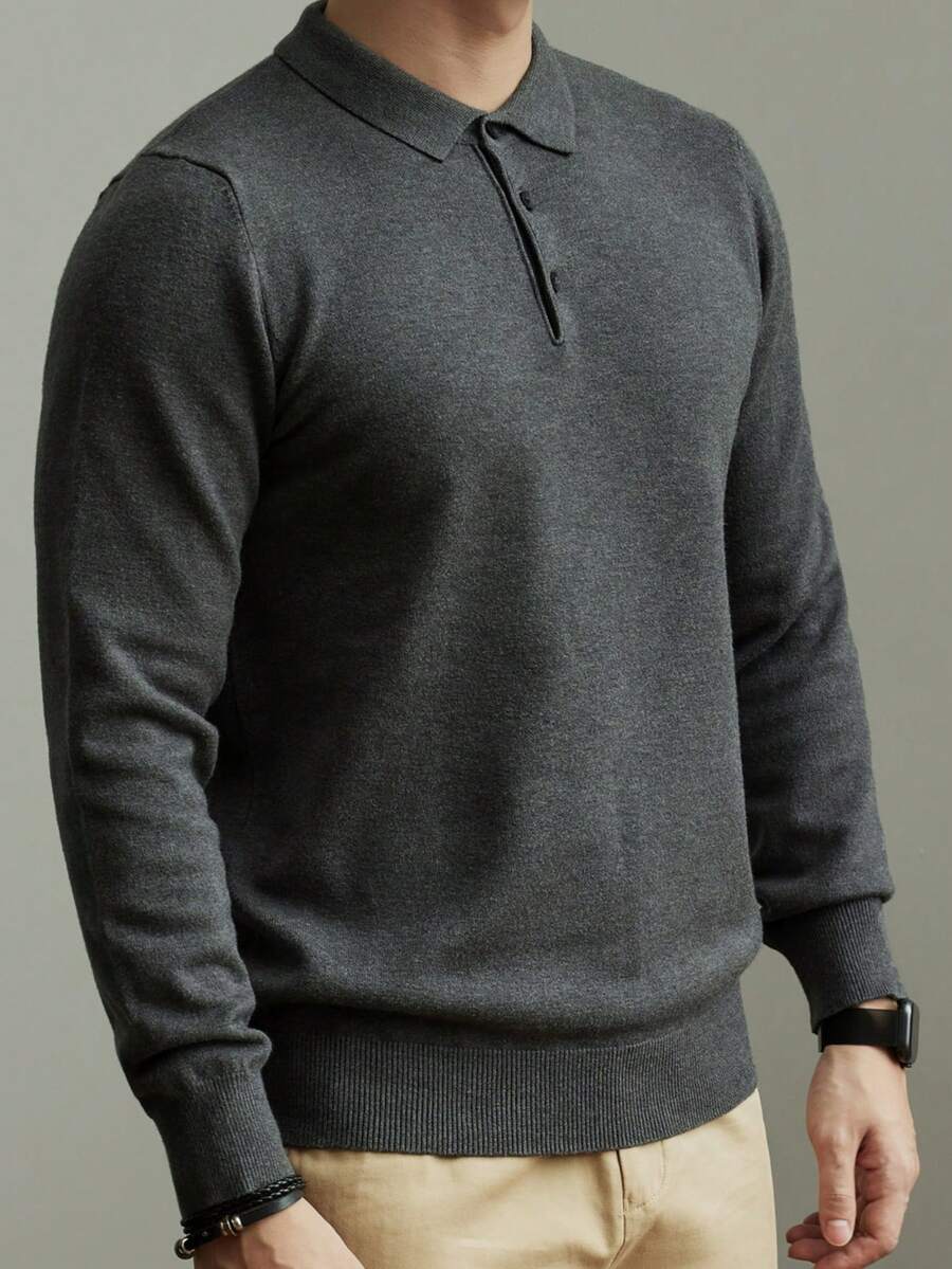 ALTZTAR Suéter tipo polo de manga larga de punto de unicolor para hombre, casual para otoño/invierno - Gris - Ver 1