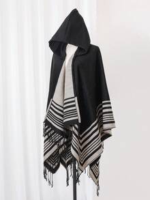 1 件条纹提花流苏连帽披肩，日常穿着 - 彩色 - 查看 7