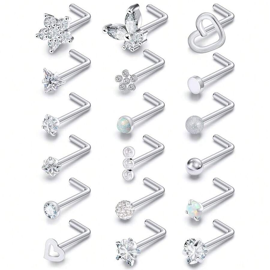 Surgical Steel Nose Ring 20G - Hypoallergenic Nose Studs With Cute Flat Opal Flower Diamond Heart - Straight L Shaped Purple, Pink, Black, Silver For Women Men Gift{"Color_name":"SilverlshapedNoseRingsStuds20G"} - 銀質鼻環耳環20G - 查看 1