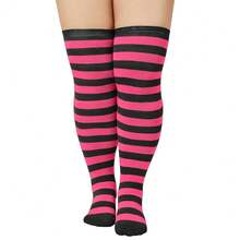 Zando Plus Size Thigh High Socks For Thick Thighs Women Striped Thigh High Stockings Over The Knee Socks Leg Warmers{"Size_name":"OneSize","Color_name":"HotPinkBlack"} - 熱粉紅黑色 - 查看 2