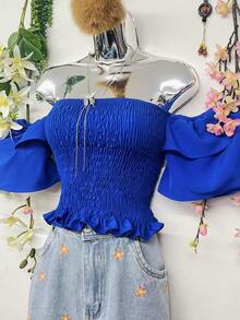 B-115Cropped Lastex Women's  Long Sleeve Women's Blouse Cropped Various Colors Strapless - Xanh đậm - Xem 2