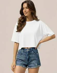 Kit 4 Cropped Camiseta Feminina Basica em algodão blogueirinha gringa verão look outfit - 2 Marrons 1 Branco 1 Azul Jeans - Visão 8