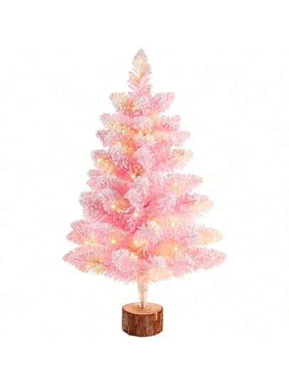 Árbol de Navidad artificial rosa de sobremesa con nieve, mini árbol de pino navideño con base de madera para decoración navideña interior y exterior del hogar