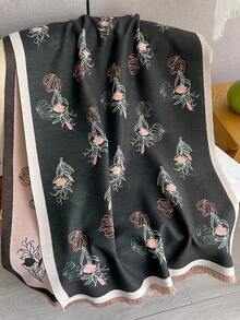 1条花卉提花针织围巾，保暖时尚，适合秋冬季节，可作披肩或围巾，百搭装饰连衣裙。 - 玫瑰黑色 - 查看 4