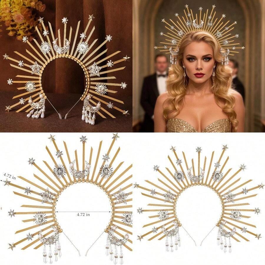 YP Sunburst Spike Sun Crown - Moon Star Greek Godd Sier Halo Headband With Tassel Virgin Mary Headpiece For Women - 星光冠冕 - 查看 1
